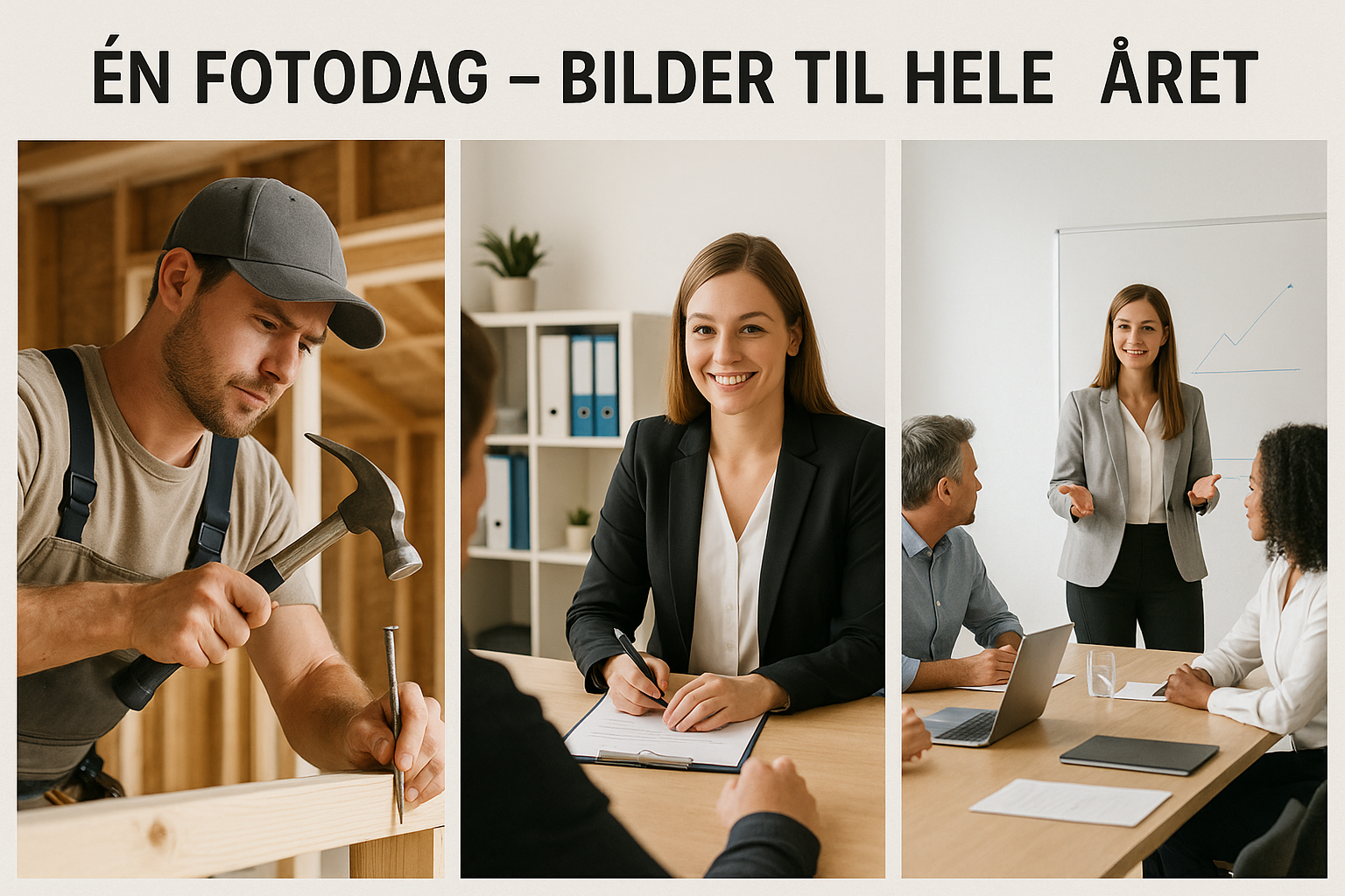 Håndverkerteam på byggeplass med firmabil og verktøy, fotografert for profil og markedskommunikasjon